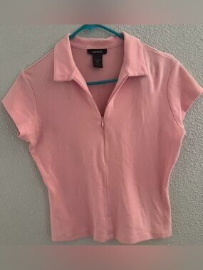 Express pink zip up polo shirt